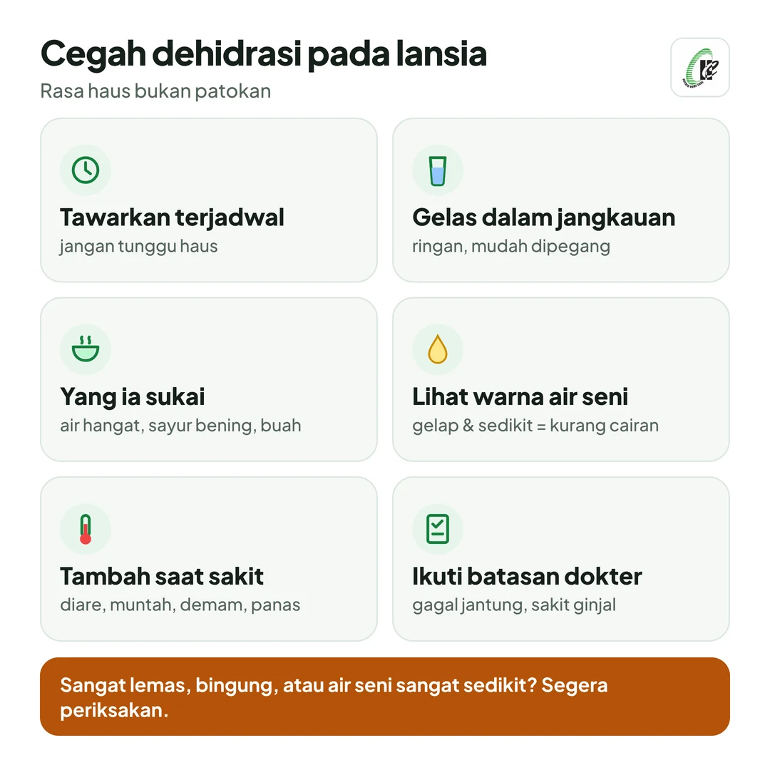 Mencegah dehidrasi pada lansia: tawarkan minum terjadwal, jangan tunggu haus; letakkan gelas atau botol minum dalam jangkauan; sajikan minuman dan makanan berkuah yang disukai; perhatikan warna air seni; tambah minum saat diare, muntah, demam, atau cuaca panas, kecuali dibatasi dokter. Dibatasi minumnya oleh dokter? Ikuti jumlahnya.