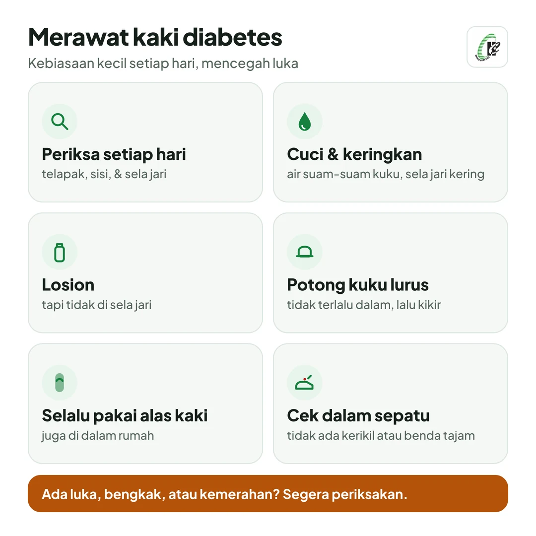 Merawat kaki diabetes setiap hari: periksa kaki setiap hari; cuci dengan air suam-suam kuku lalu keringkan sela jari; oleskan losion tapi tidak di sela jari; potong kuku lurus dan kikir; selalu pakai alas kaki, juga di dalam rumah; periksa bagian dalam sepatu sebelum dipakai. Ada luka? Segera periksakan.