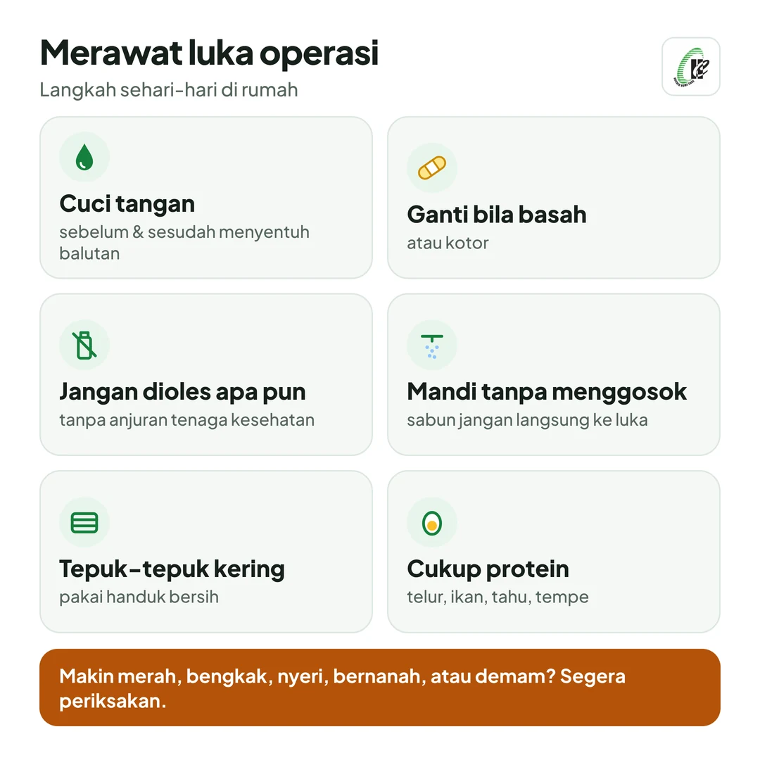 Merawat luka operasi di rumah: cuci tangan sebelum dan sesudah menyentuh balutan; ganti balutan bila basah atau kotor; jangan oleskan salep, bedak, atau ramuan tanpa anjuran; saat mandi, jangan gosok luka dan jangan kenakan sabun langsung; tepuk-tepuk kering dengan handuk bersih; makan cukup protein. Luka makin merah, bengkak, nyeri, bernanah, atau demam? Segera periksakan.