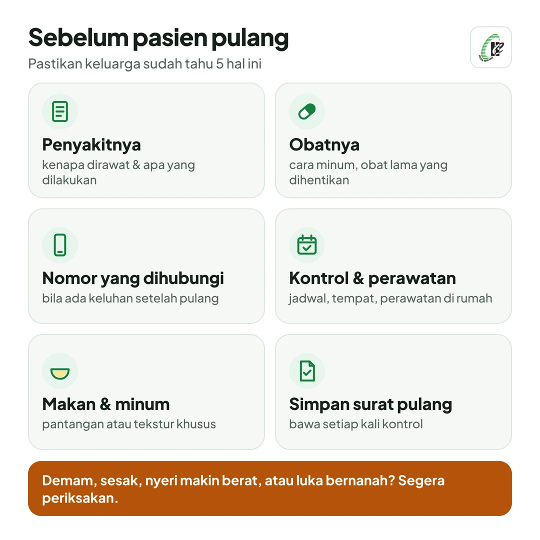 Sebelum pasien pulang dari rumah sakit, pastikan tahu: penyakit dan perawatan yang sudah dilakukan; obat, cara minum, dan obat lama yang dihentikan; nomor yang dihubungi bila ada keluhan; jadwal kontrol dan perawatan di rumah; makan dan minum. Simpan surat atau ringkasan pulang dan bawa saat kontrol.