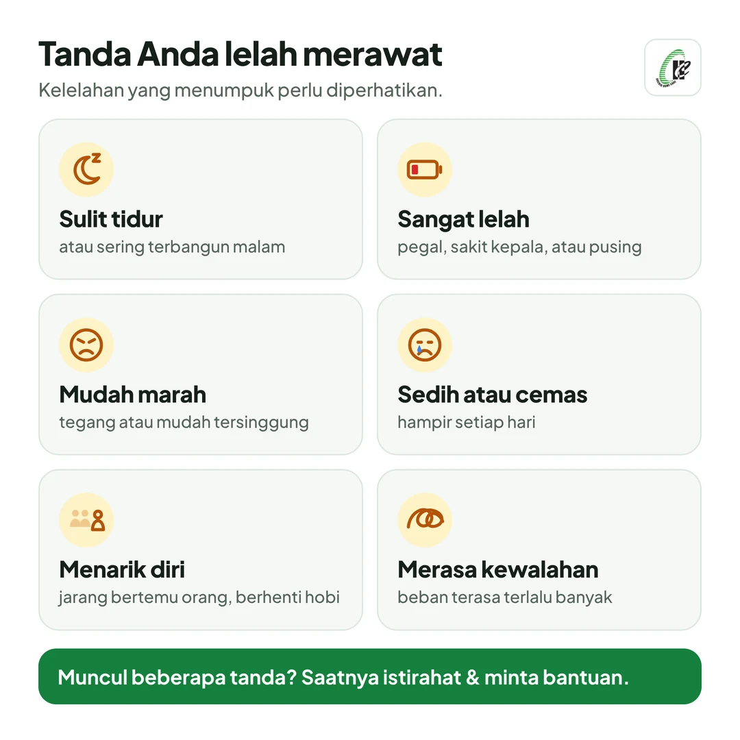 Tanda Anda lelah merawat: sulit tidur atau sering terbangun malam; sangat lelah, pegal, sakit kepala, atau pusing; mudah marah atau tersinggung; sedih atau cemas hampir setiap hari; menarik diri dan berhenti melakukan hobi; merasa kewalahan. Muncul beberapa tanda? Saatnya istirahat dan minta bantuan.